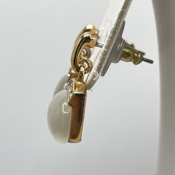 Stunning Roman White Cat Eye Gold Tone Drop Dangle Earrings Boho Rhinestone - Picture 4 of 6